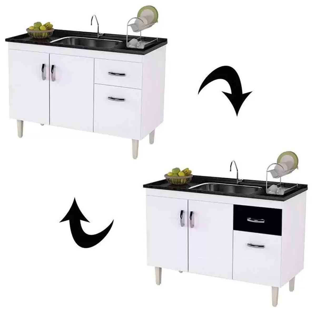 Balcão de Pia sem Tampo 120 cm 3 Portas 1 Gaveta Graziela Branco/Preto