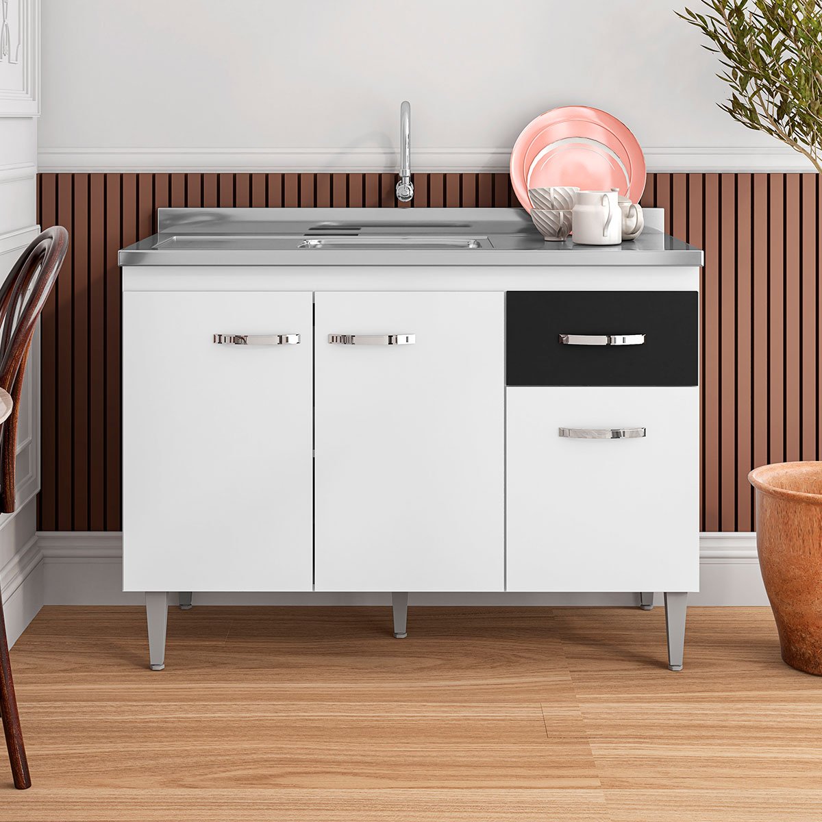 Balcão de Pia sem Tampo 120 cm 3 Portas 1 Gaveta Graziela Branco/Preto