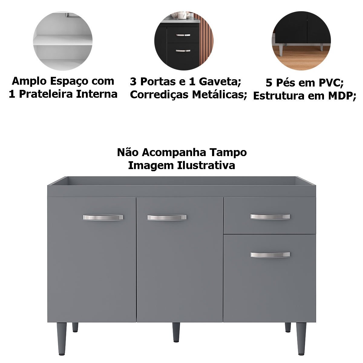 Balcão de Pia sem Tampo 120 cm 3 Portas 1 Gaveta Graziela Cinza