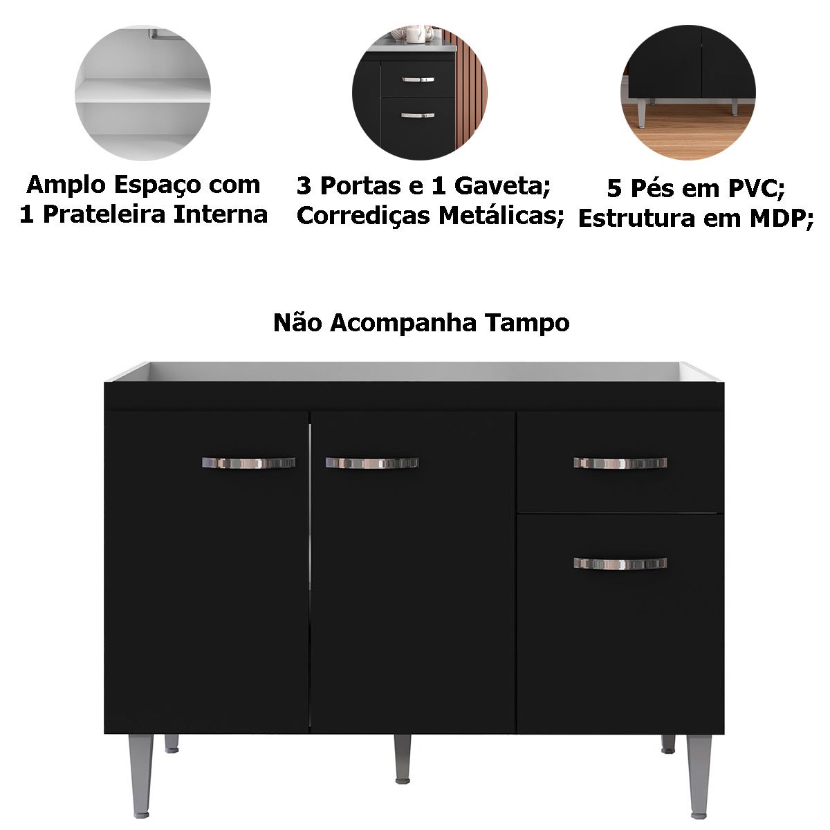 Balcão de Pia sem Tampo 120 cm 3 Portas 1 Gaveta Graziela Preto