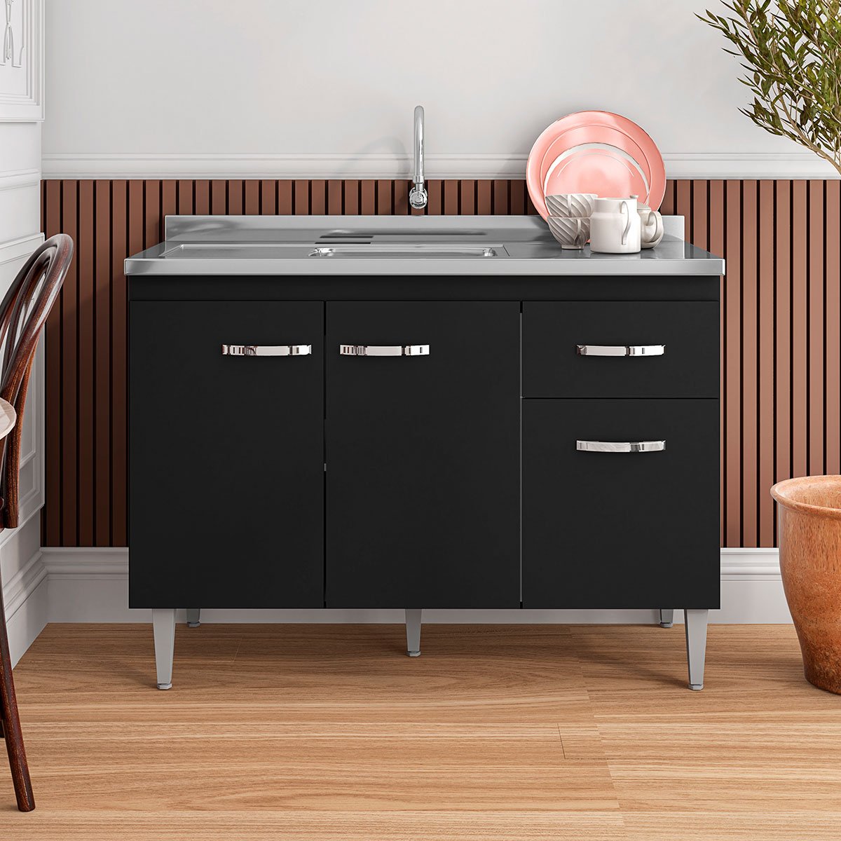 Balcão de Pia sem Tampo 120 cm 3 Portas 1 Gaveta Graziela Preto