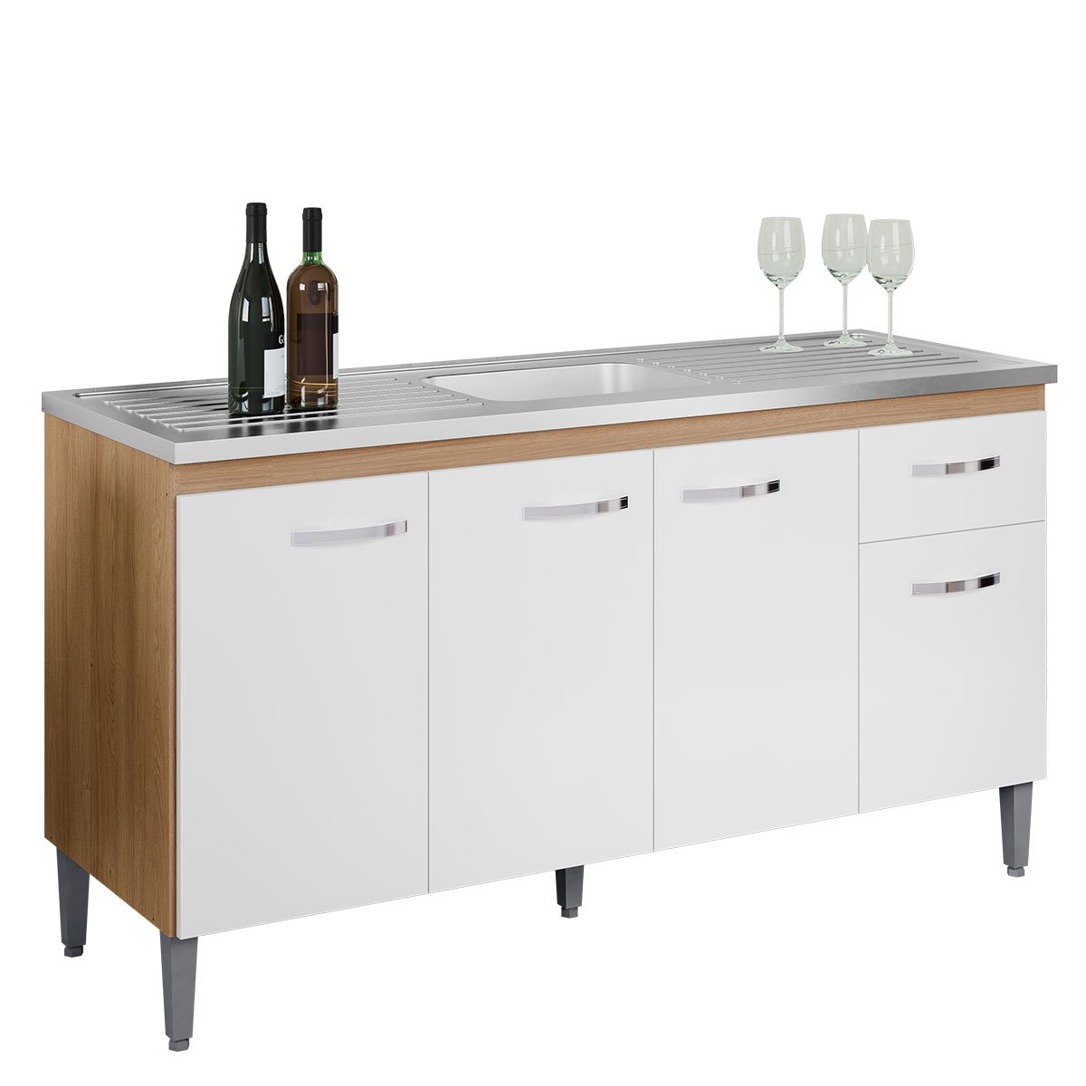 Balcão de Pia sem Tampo 150 cm 4 Portas 1 Gaveta Graziela Amêndoa/Branco