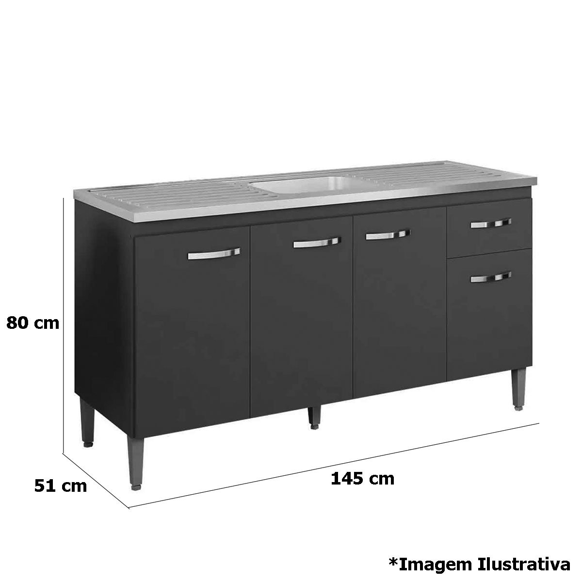 Balcão de Pia sem Tampo 150 cm 4 Portas 1 Gaveta Graziela Amêndoa/Branco