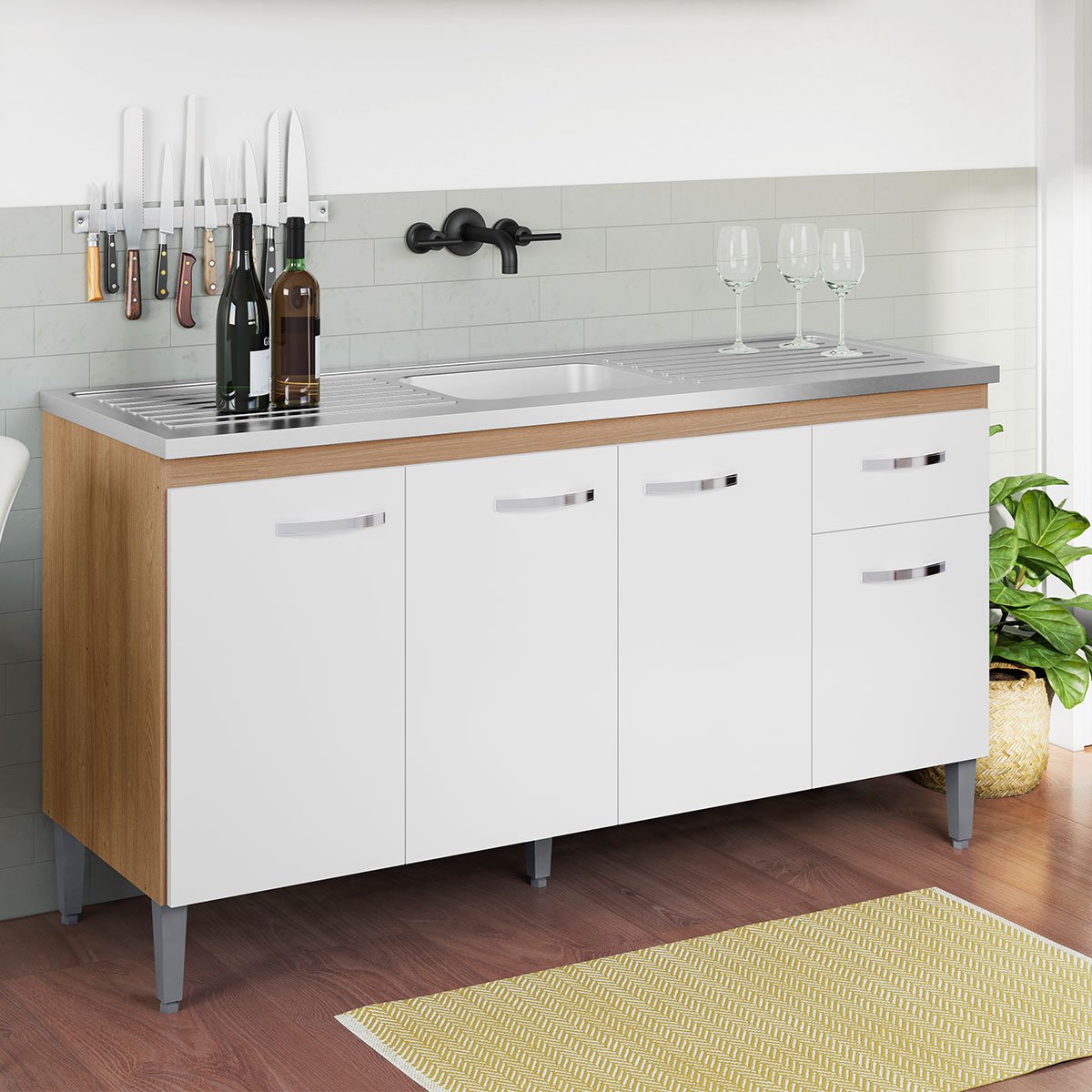 Balcão de Pia sem Tampo 150 cm 4 Portas 1 Gaveta Graziela Amêndoa/Branco