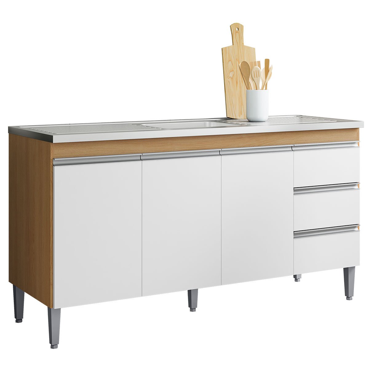 Balcão de Pia sem Tampo 3 Portas 3 Gavetas 150 cm Adriana Amêndoa/Branco