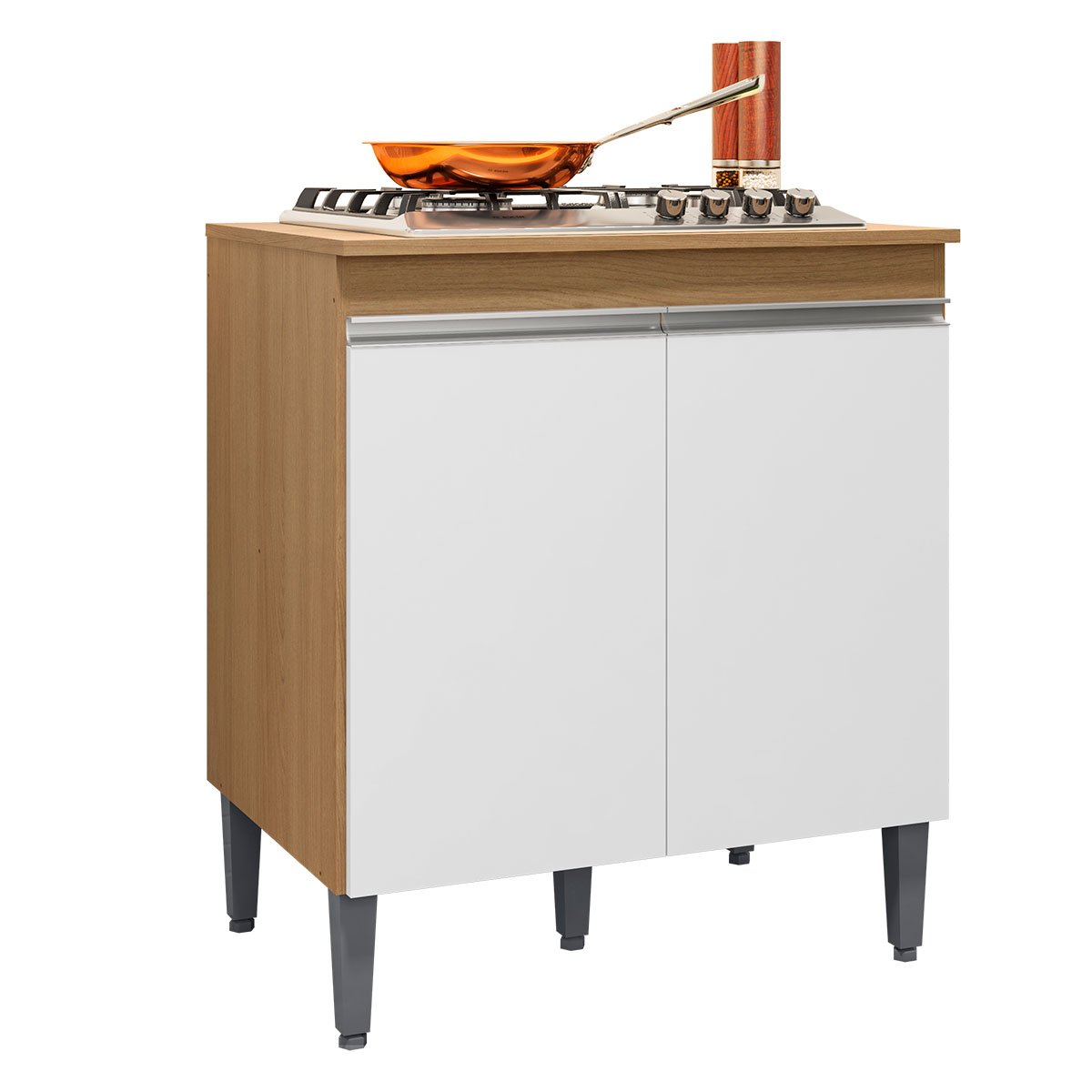 Balcão para Cooktop com Tampo 4 ou 5 Bocas 2 Portas Adriana Amêndoa/Branco