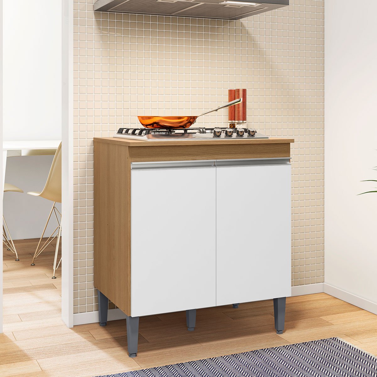 Balcão para Cooktop com Tampo 4 ou 5 Bocas 2 Portas Adriana Amêndoa/Branco