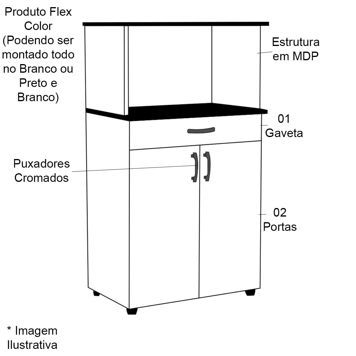 Balcão para Microondas Carolina 2 Portas Branco/Preto