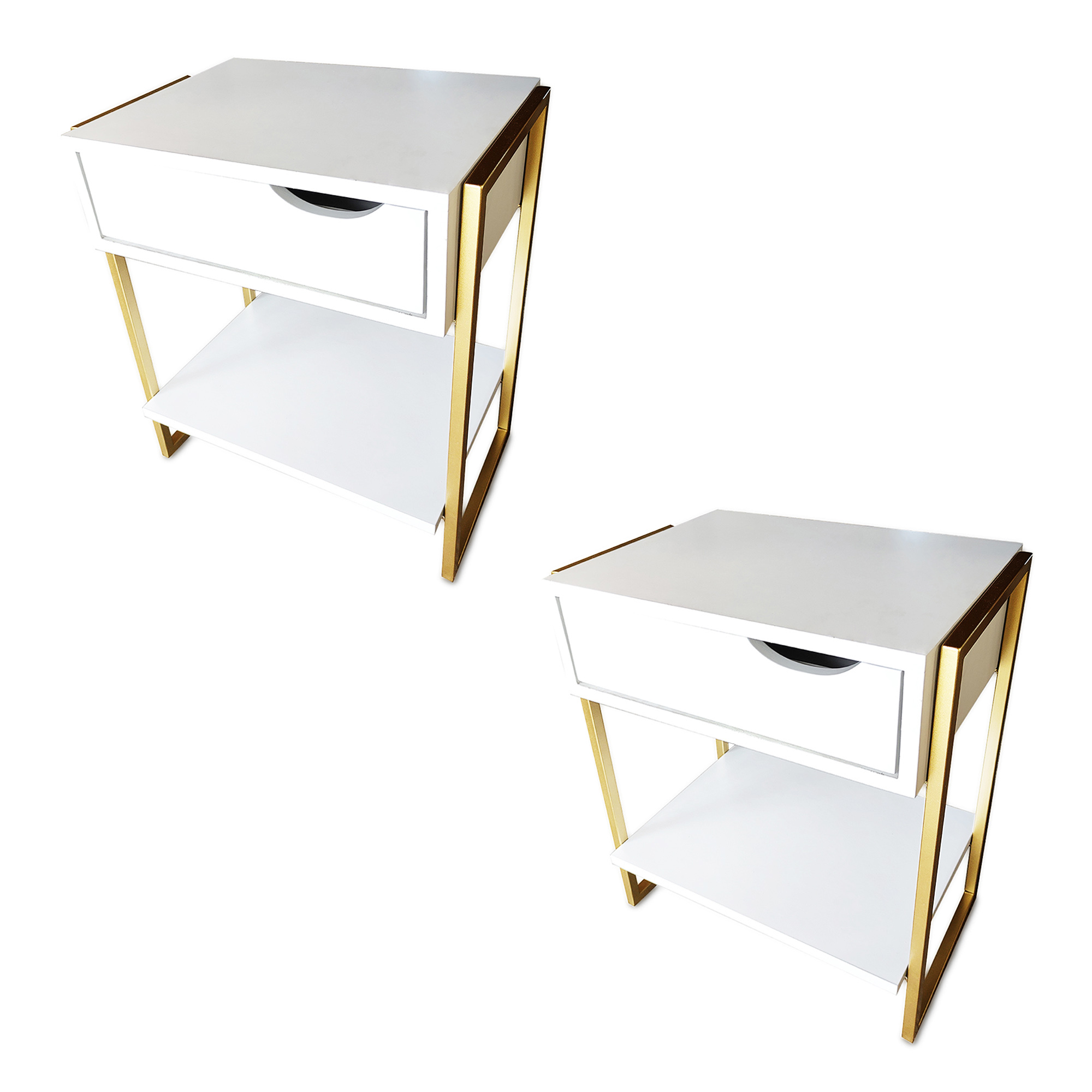 2 Mesas de cabeceira Apoio Lateral Cama Branco - Dourado MDF Mordomo