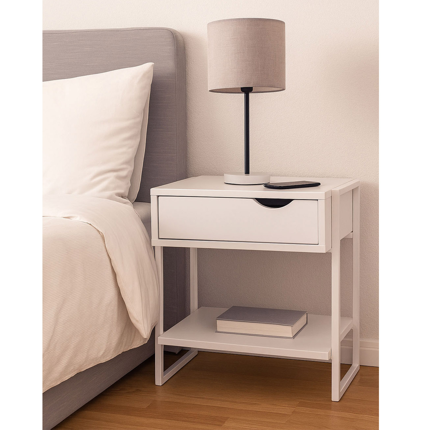 Mesa Branca Apoio Lateral Cama Móveis MDF Metal Cabeceira