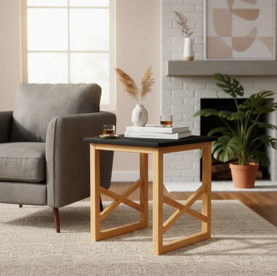 Mesa Quadrada Lateral Apoio sofá Minimalista Madeira 45cm Preto