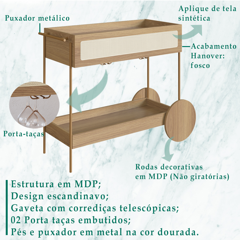Carrinho Bar Porta Taças 110 CM Pes Metal Oslo 28964 Hanover Artesano