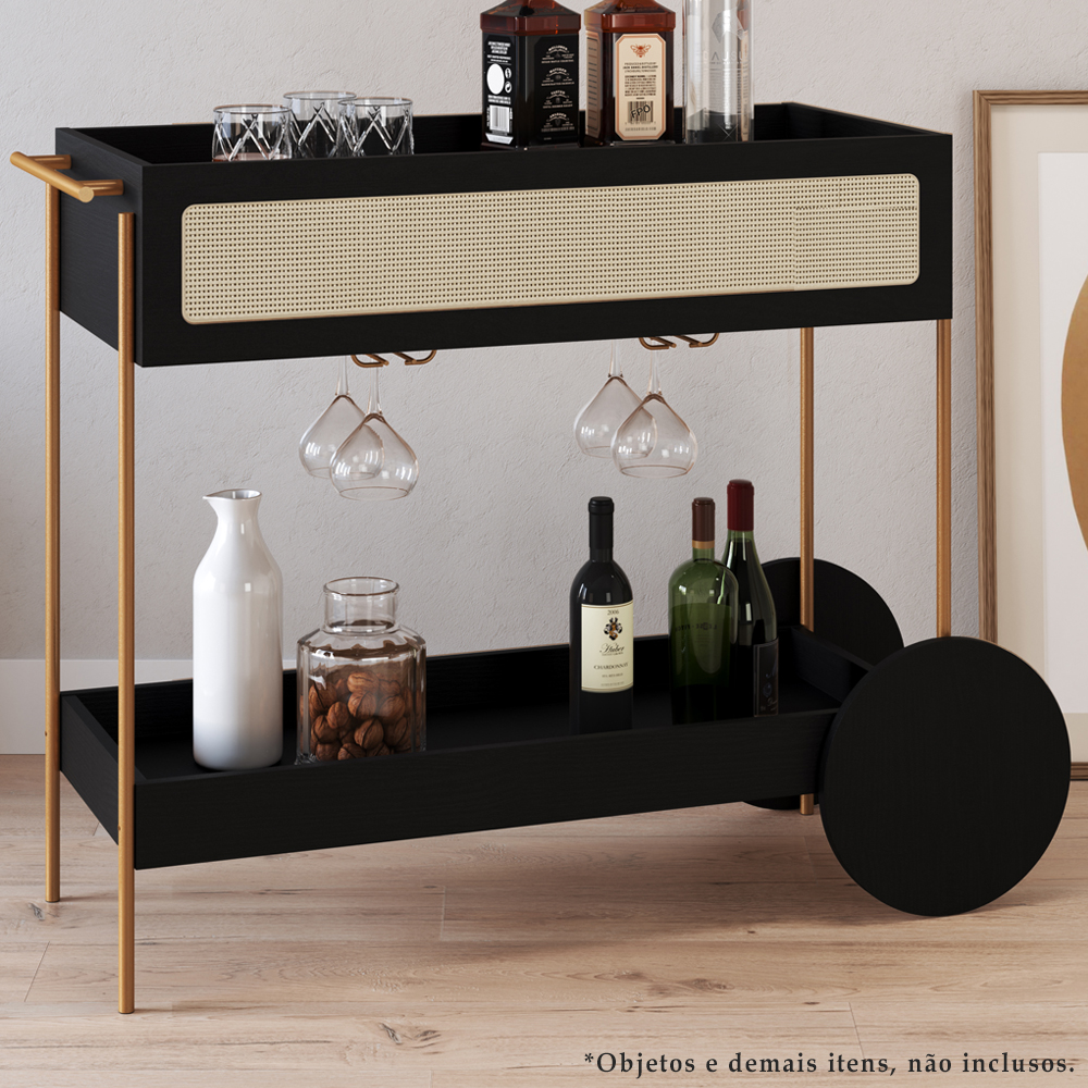 Carrinho Bar Porta Taças 110 CM Pes Metal Oslo 28964 Nero Artesano