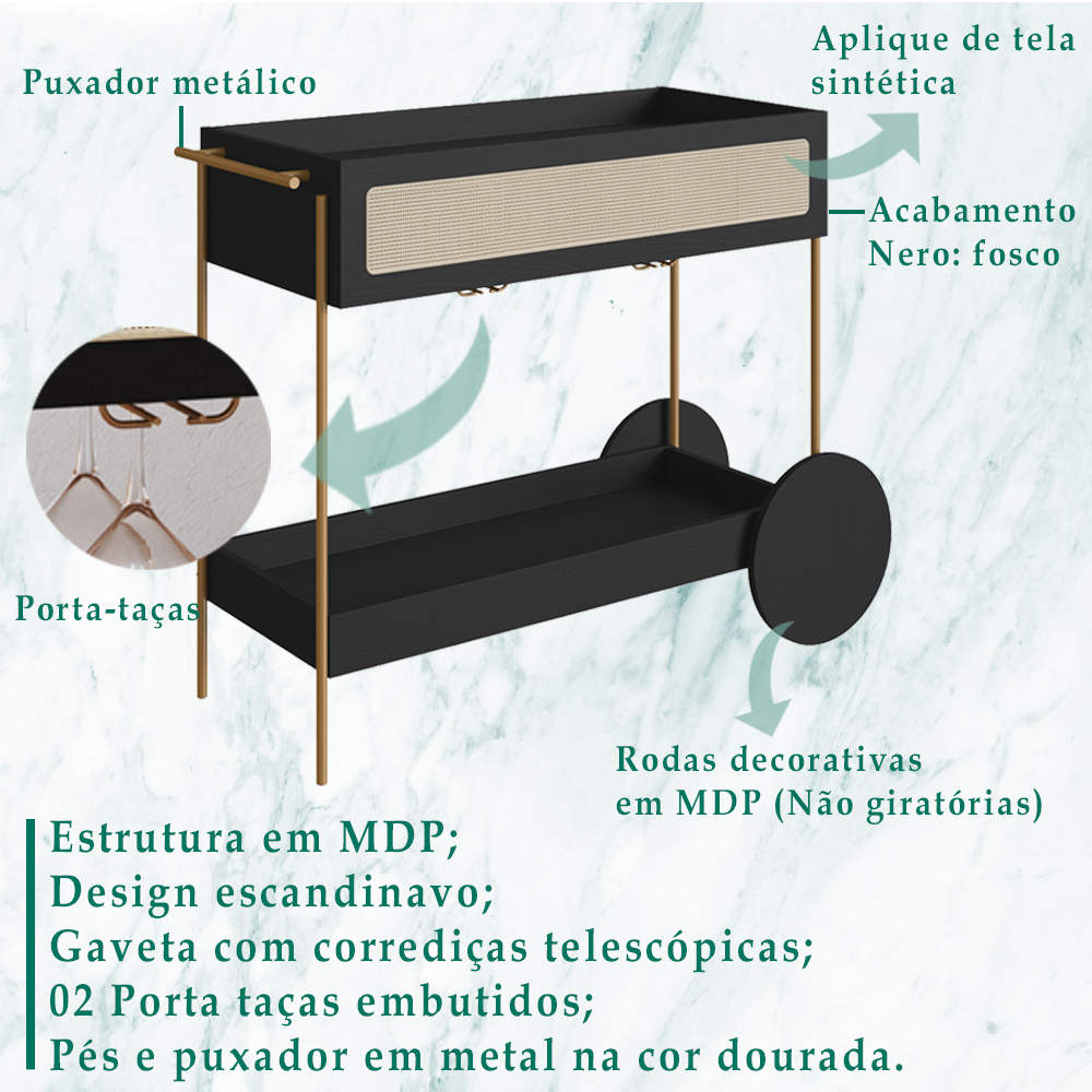 Carrinho Bar Porta Taças 110 CM Pes Metal Oslo 28964 Nero Artesano