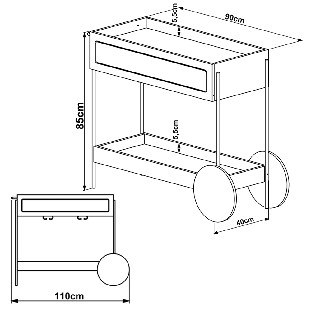 Carrinho Bar Porta Taças 110 CM Pes Metal Oslo 28964 Nero Artesano