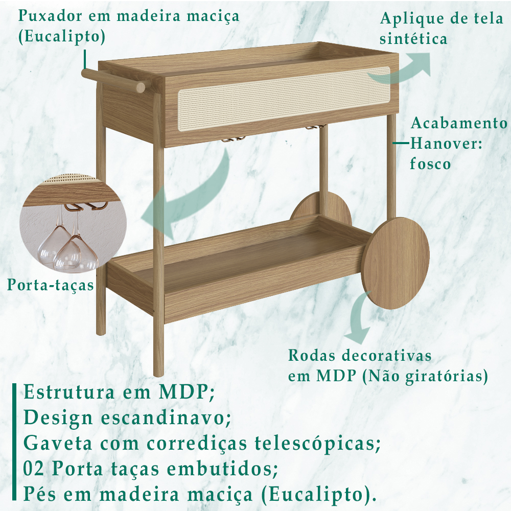Carrinho Bar Porta Taças 112 CM Pes Madeira Oslo 27964 Hanover Artesano