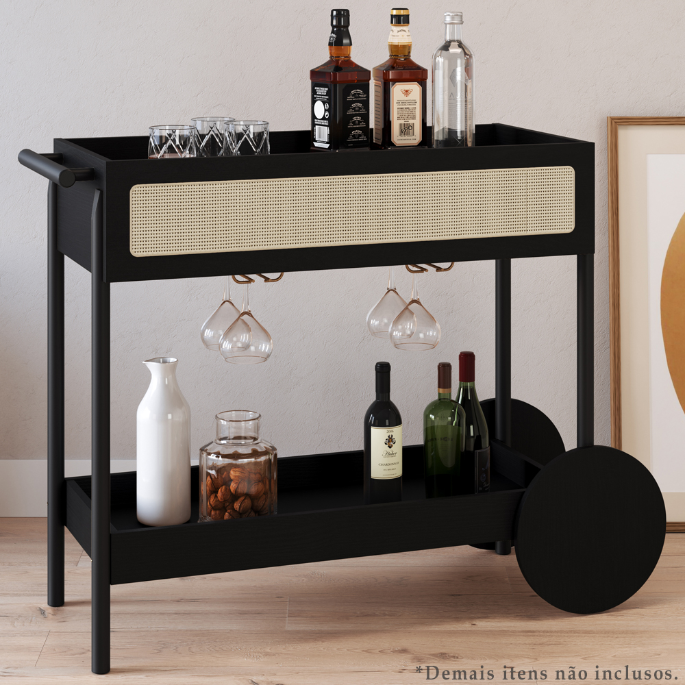 Carrinho Bar Porta Taças 112 CM Pes Madeira Oslo 27964 Nero Artesano