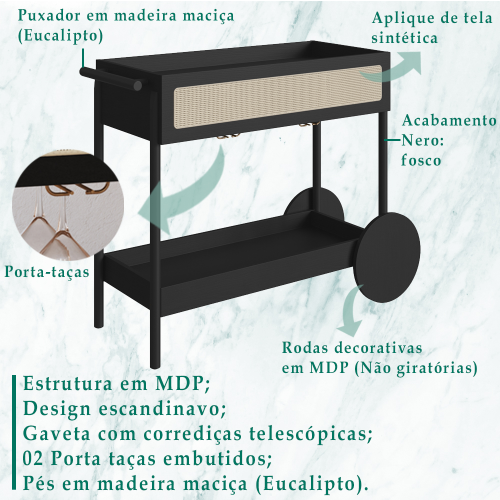 Carrinho Bar Porta Taças 112 CM Pes Madeira Oslo 27964 Nero Artesano