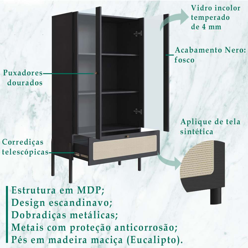 Cristaleira 2 PT Vidro 1 GVT Pes Madeira 27963 Nero Artesano
