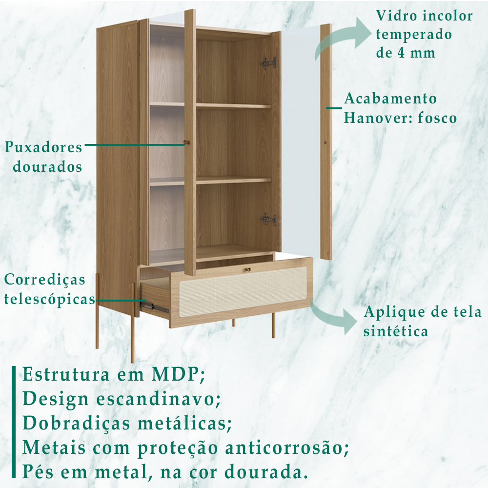 Cristaleira 2 PT Vidro 1 GVT Pes Metal 28963 Hanover Artesano