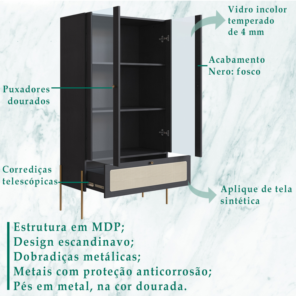Cristaleira 2 PT Vidro 1 GVT Pes Metal 28963 Nero Artesano