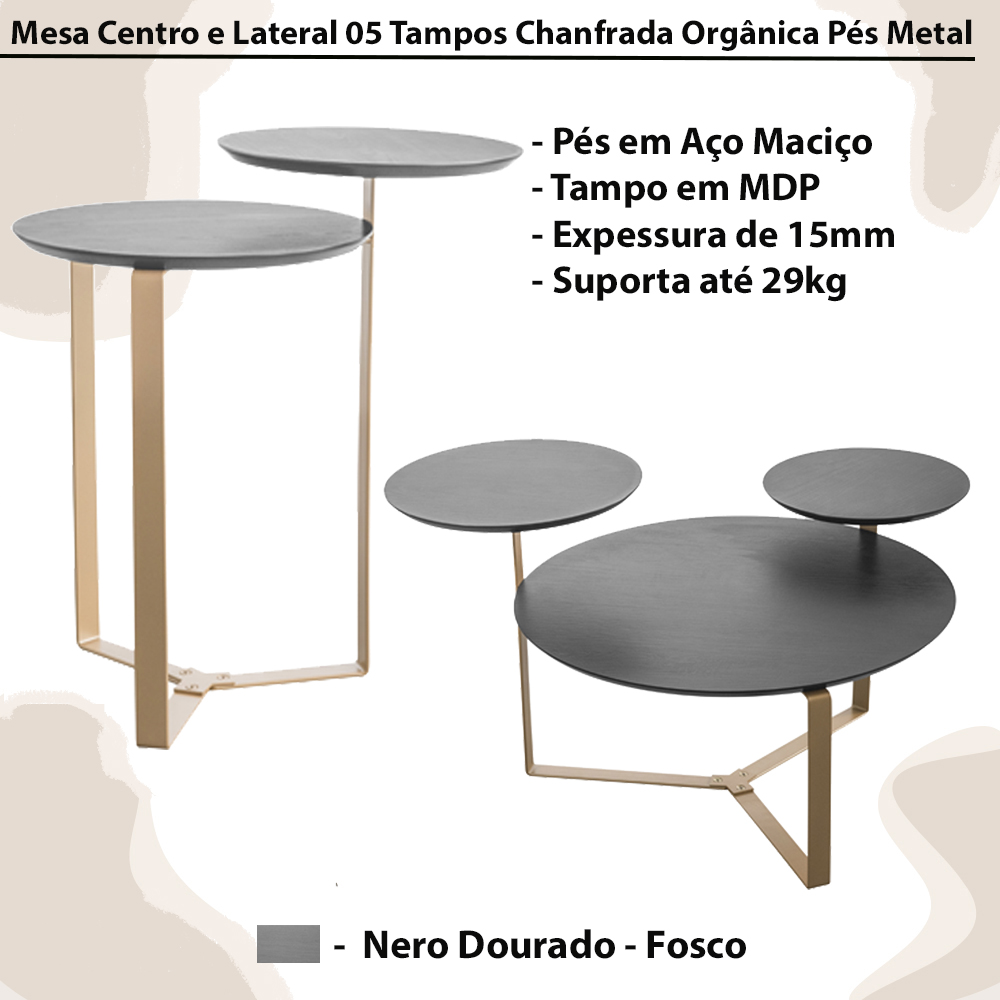 Kit Mesa Centro e Lateral Chanfrada Pes Metal Dourado Nero Artesano