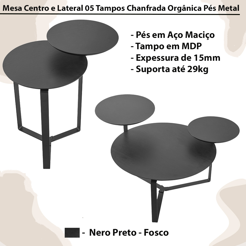 Kit Mesa Centro e Lateral Chanfrada Pes Metal Preto Nero Artesano