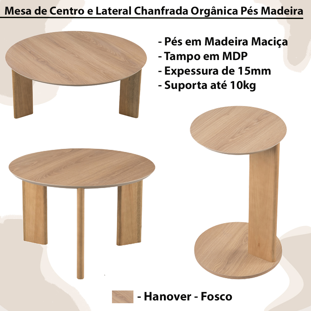 Kit Mesa de Centro e Lateral Chanfrada Pes Madeira Hanover Artesano