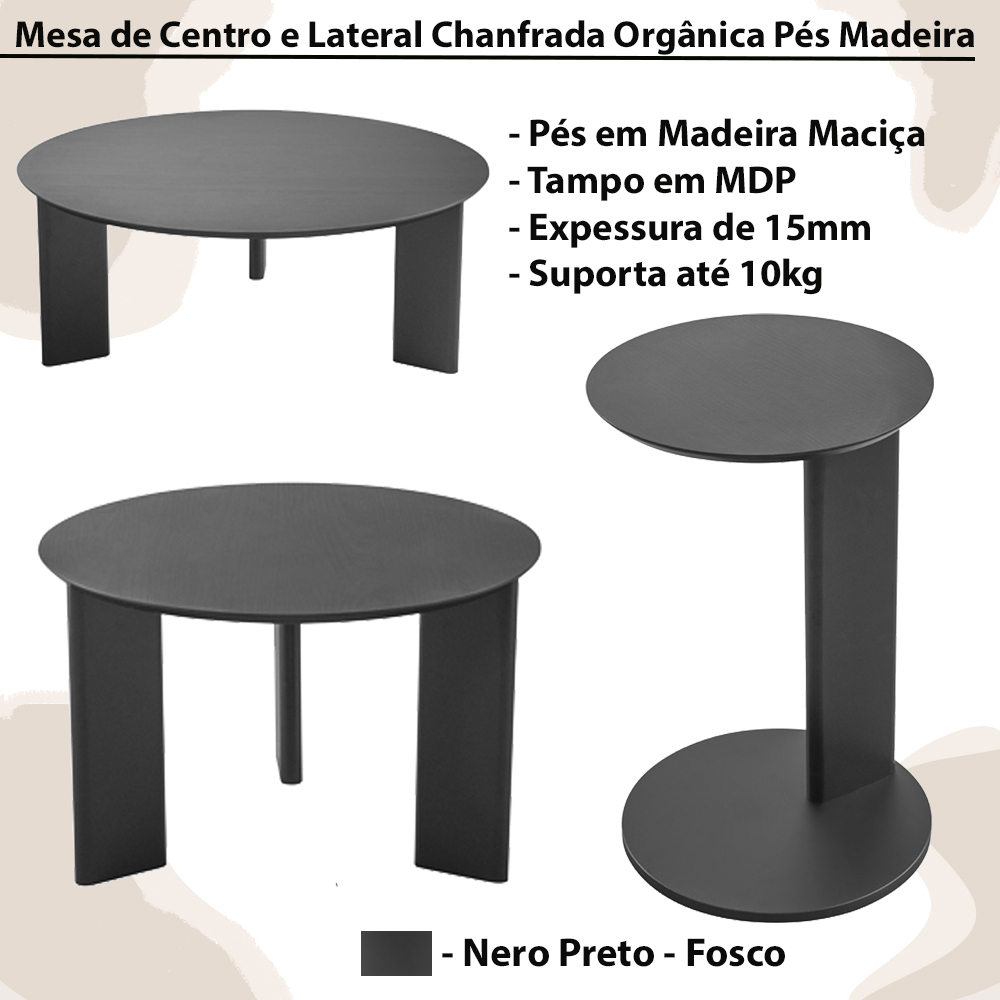 Kit Mesa de Centro e Lateral Chanfrada Pes Madeira Nero Preto Artesano