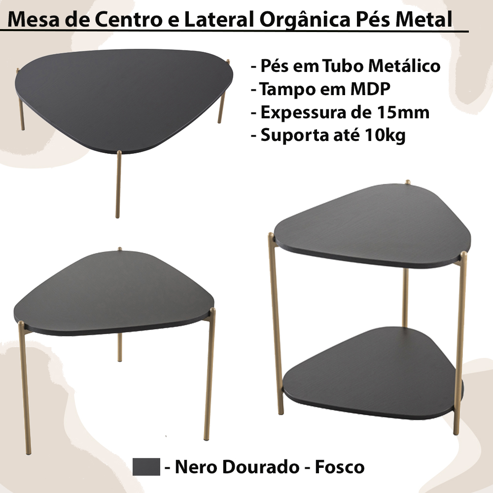 Kit Mesa de Centro e Lateral Organica Pes Metal Dourado Nero Artesano