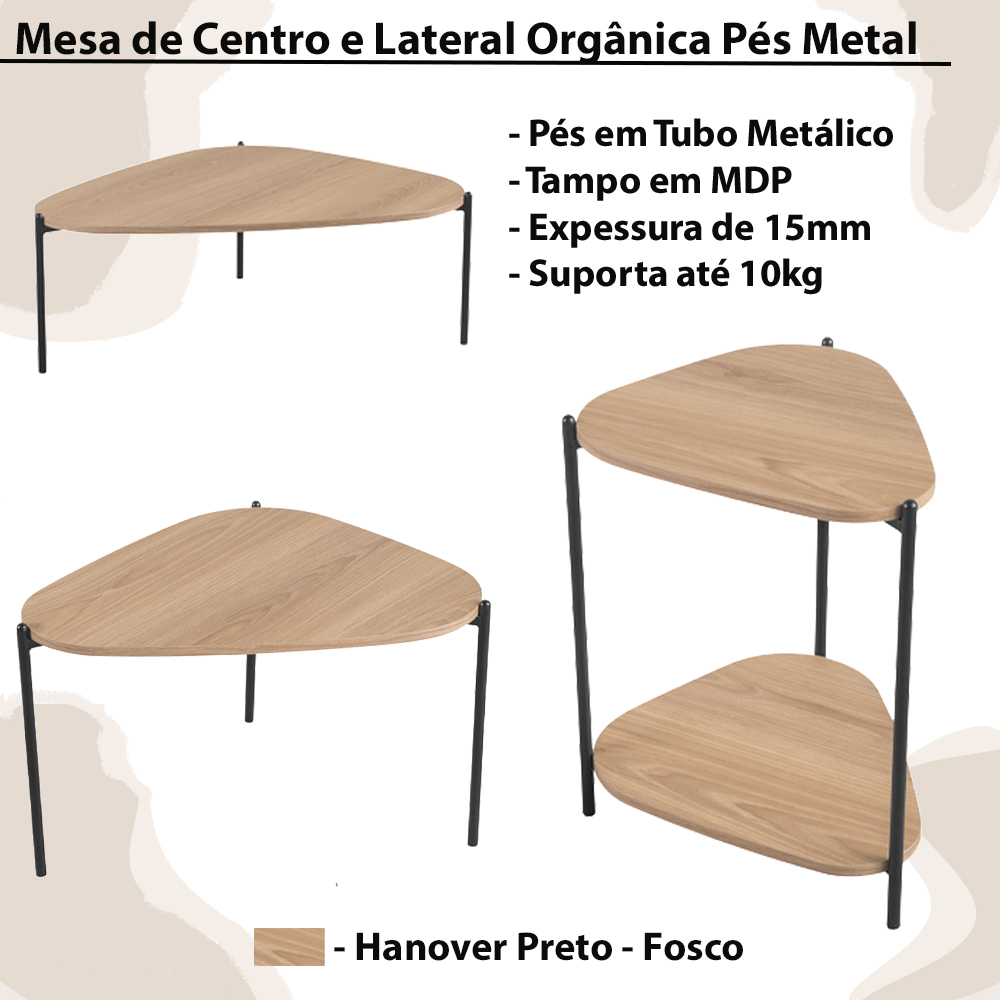 Kit Mesa de Centro e Lateral Organica Pes Metal Preto Hanover Artesano