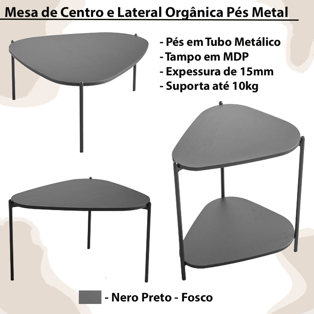 Kit Mesa de Centro e Lateral Organica Pes Metal Preto Nero Artesano