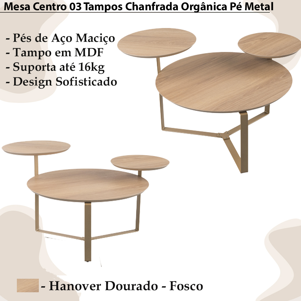 Mesa Centro 03 Tampos Chanfrada Pe Metal Dourado Hanover Artesano