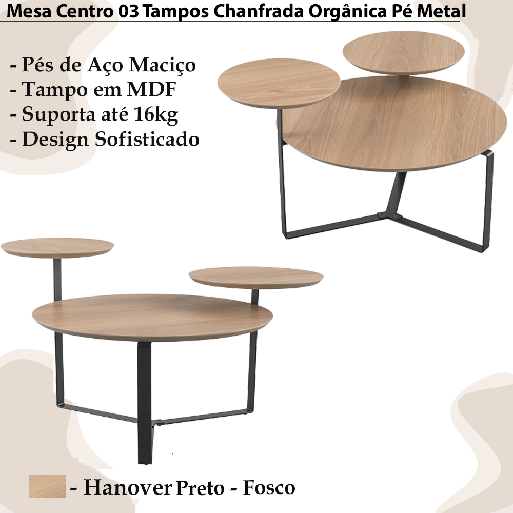 Mesa Centro 03 Tampos Chanfrada Pe Metal Preto Hanover Artesano