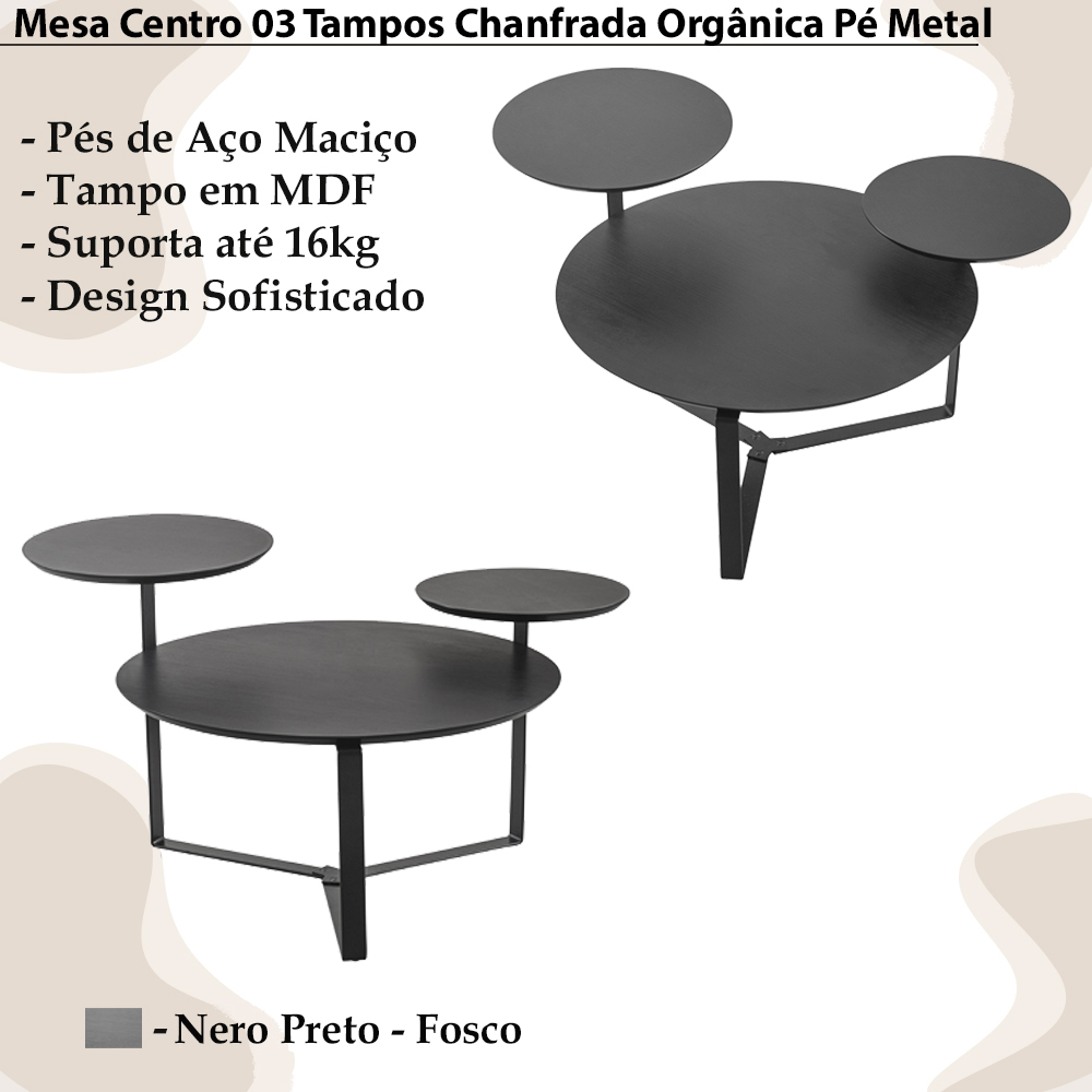 Mesa Centro 03 Tampos Chanfrada Pe Metal Preto Nero Artesano