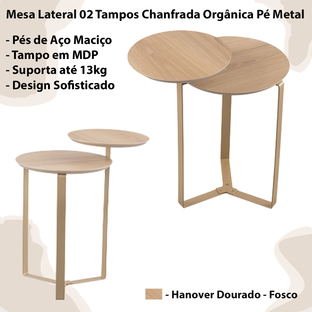 Mesa Lateral 02 Tampos Chanfrada Pe Metal Dourado Hanover Artesano