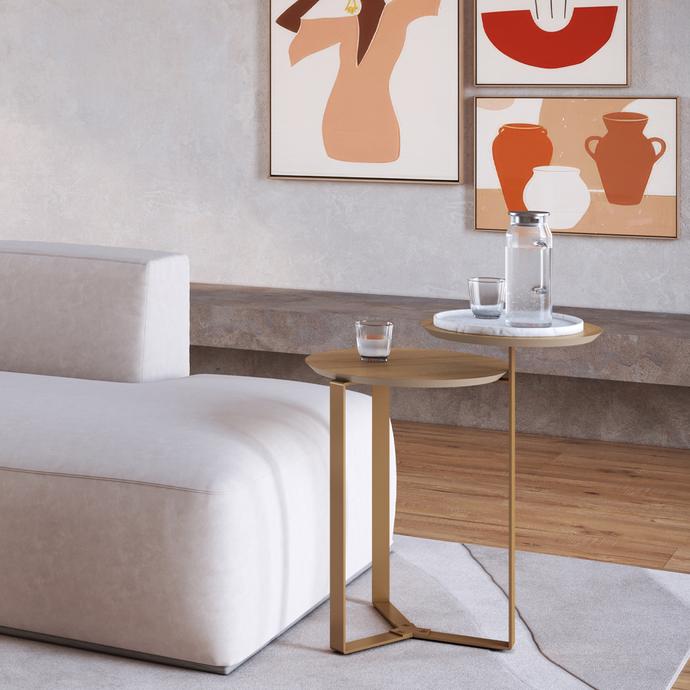 Mesa Lateral 02 Tampos Chanfrada Pe Metal Dourado Hanover Artesano
