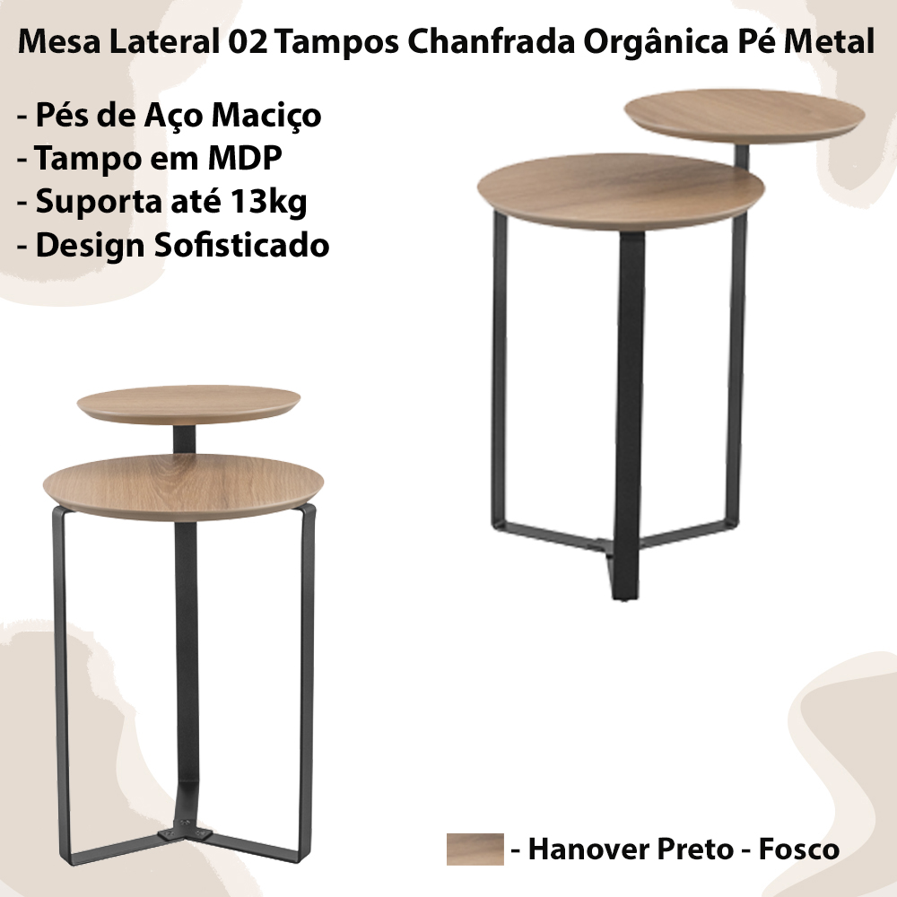 Mesa Lateral 02 Tampos Chanfrada Pe Metal Preto Hanover Artesano