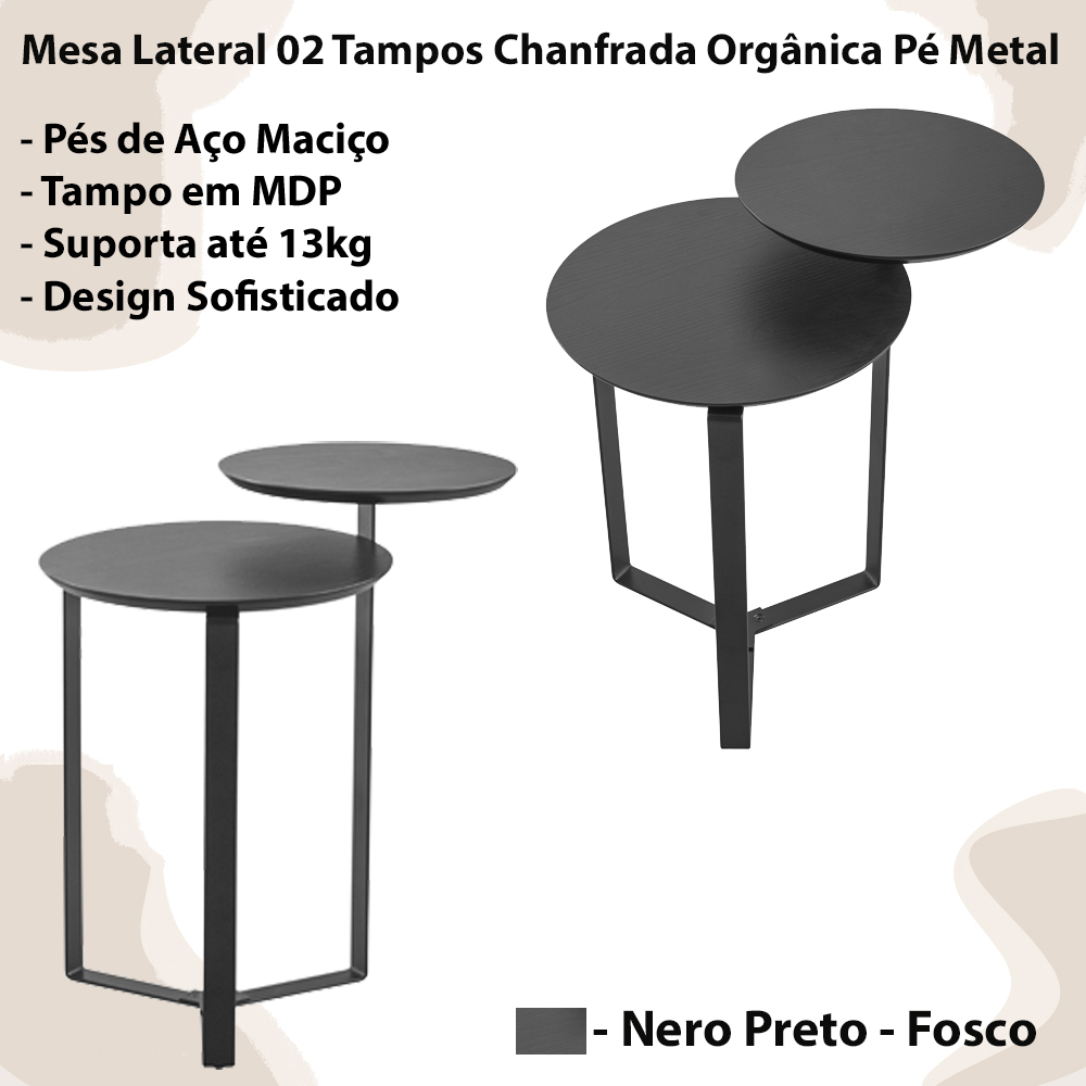 Mesa Lateral 02 Tampos Chanfrada Pe Metal Preto Nero Artesano
