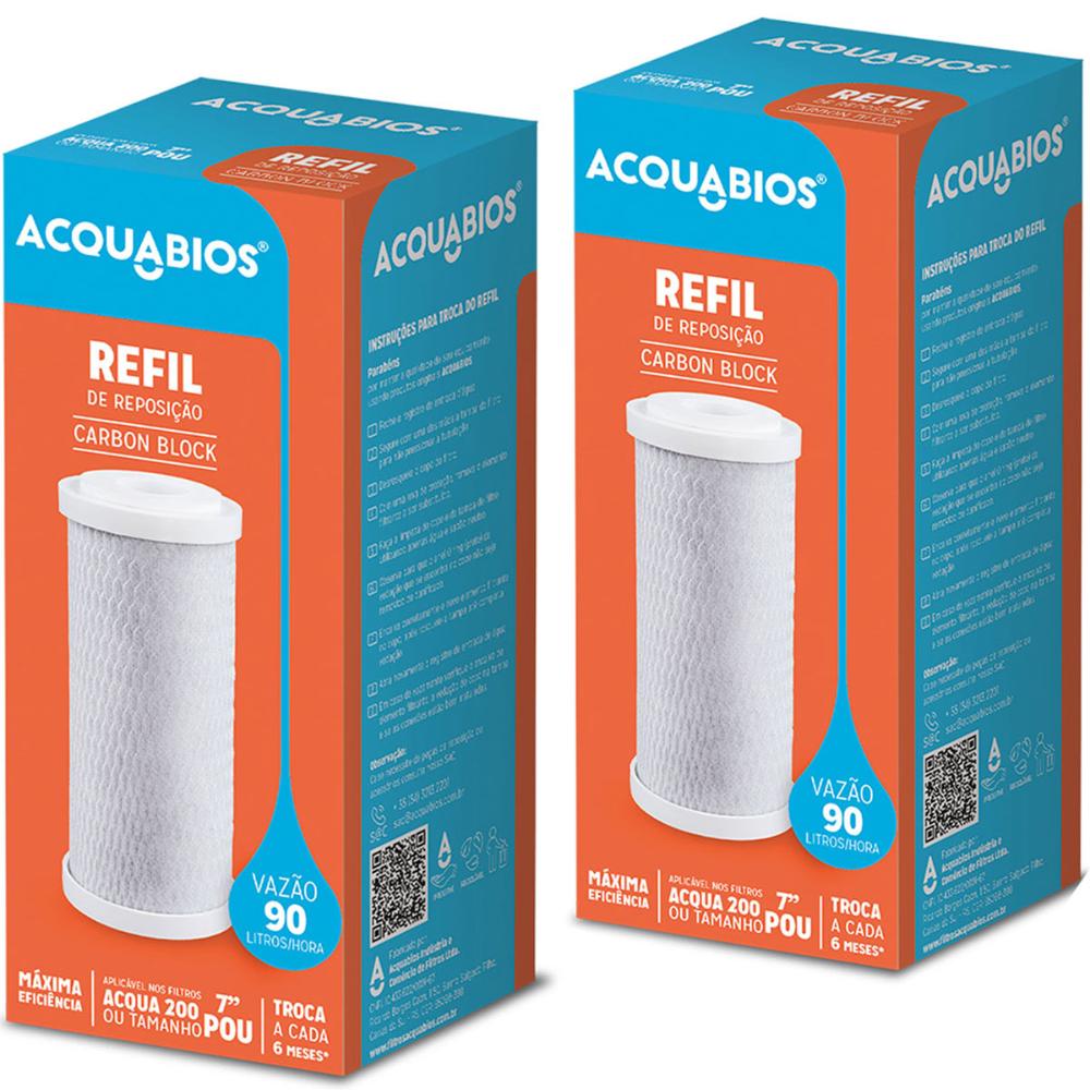 Kit 2 Refil Filtro com Carvão Ativo Acqua 200 Carbon Block 7' Acquabios