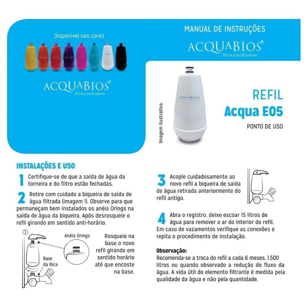 Kit 2 Refil Purificador de Água Colors Quadriseta E05 Acquabios Preto Carvão Ativo