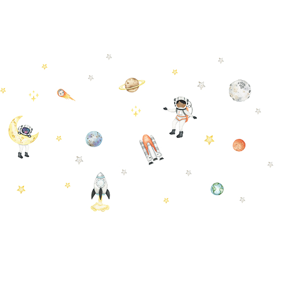 Adesivo de Parede Infantil Astronauta no Espaço em Aquarela - autocolante e recortado