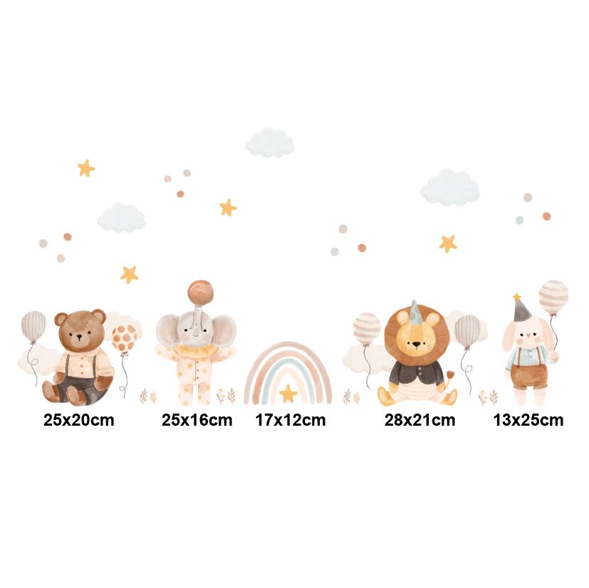 Adesivo de Parede Infantil Baby Bear, com urso, elefante, leão e coelho em aquarela