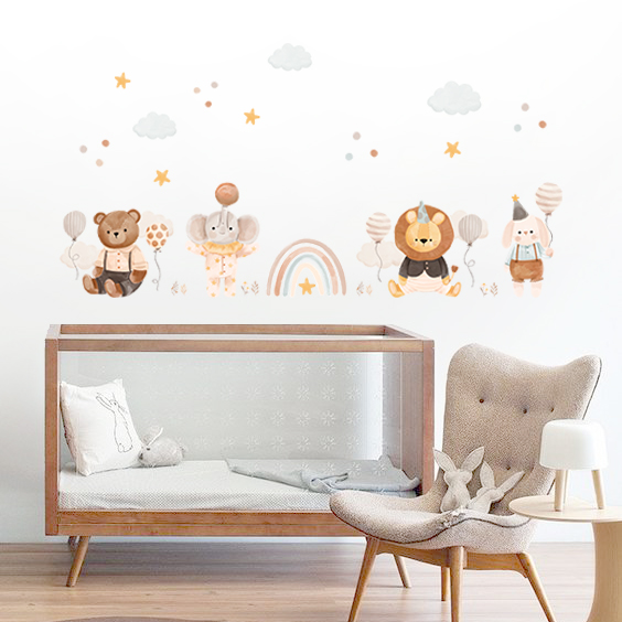 Adesivo de Parede Infantil Baby Bear, com urso, elefante, leão e coelho em aquarela