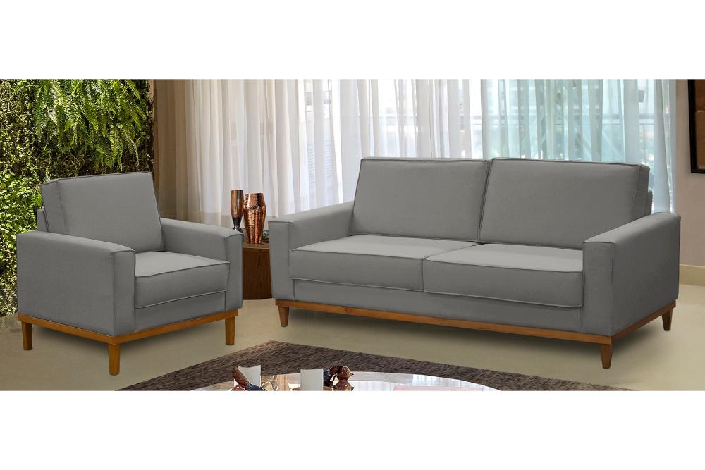 Kit Sofá 2 Lugares 1,80m e Poltrona Living Lavinia Linho Cinza Adonai Estofados