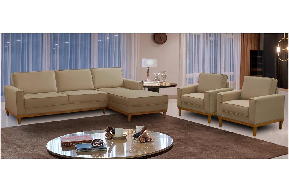 Kit Sofá 3 Lugares 2,60m com Chaise e 2 Poltronas Living Lavinia Linho Bege Adonai Estofados