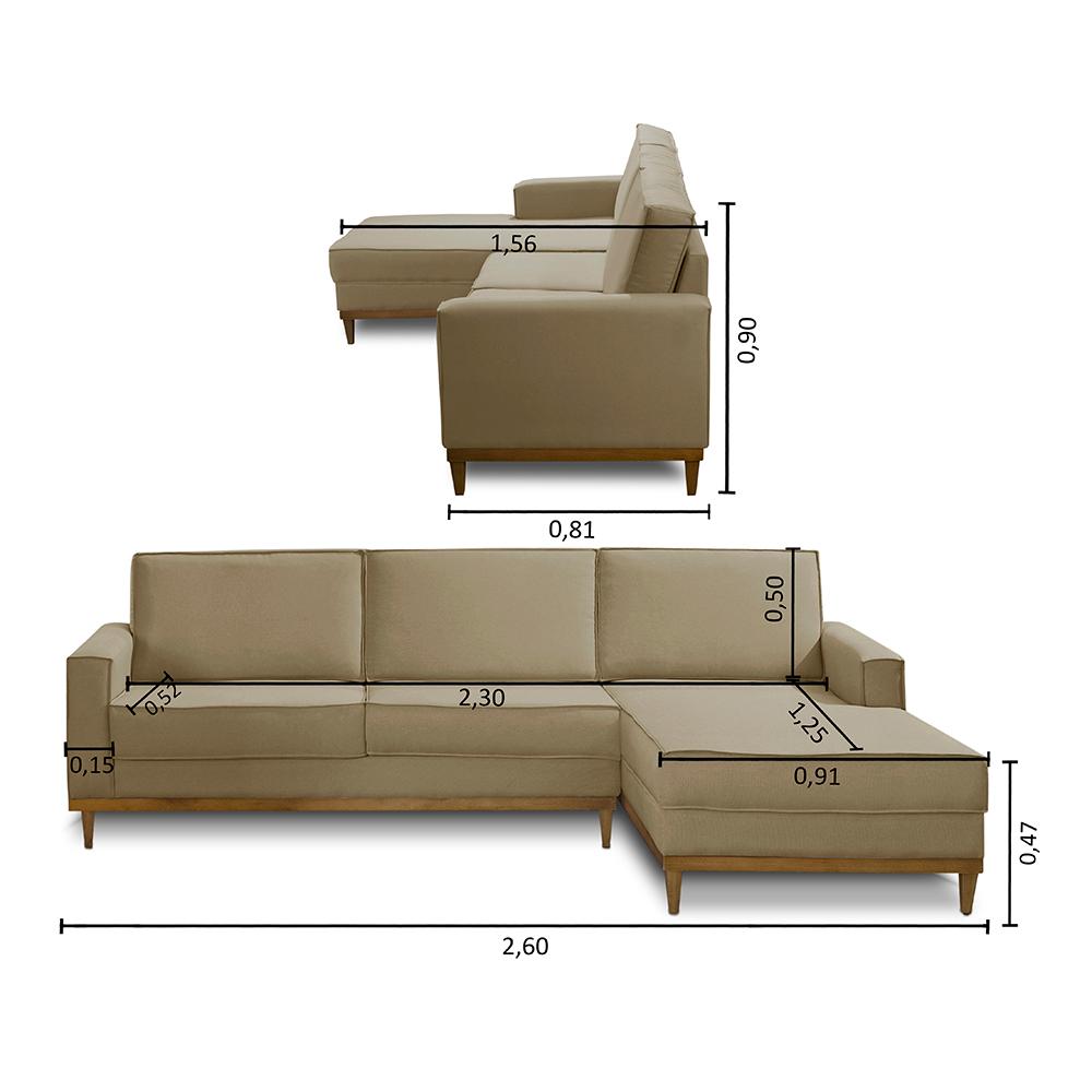 Kit Sofá 3 Lugares 2,60m com Chaise e 2 Poltronas Living Lavinia Linho Bege Adonai Estofados