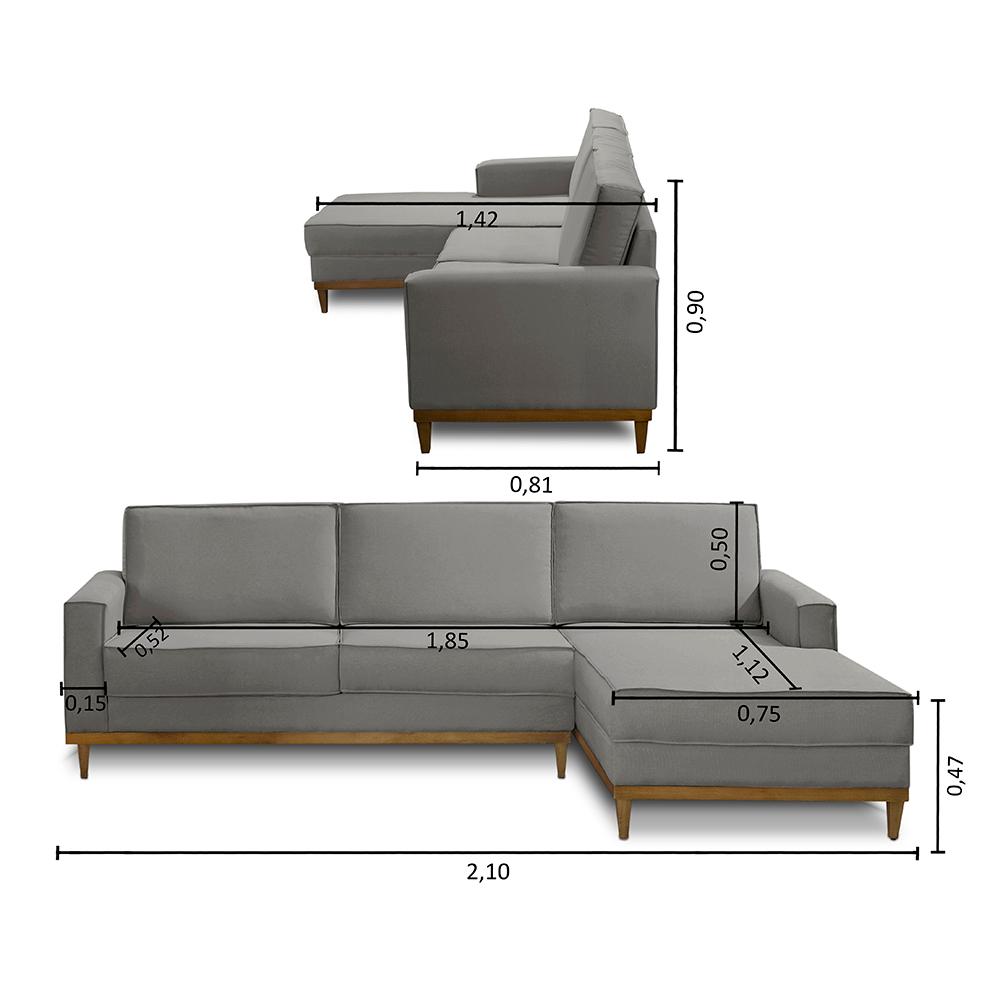 Sofá 3 Lugares 2,10m Living com Chaise Lavinia Linho Cinza Adonai Estofados
