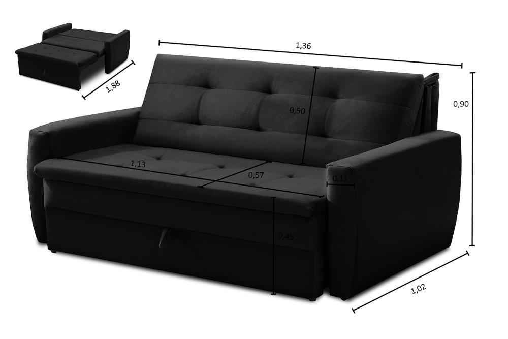 Sofá Cama Jade 1,36m Suede Preto Adonai Estofados