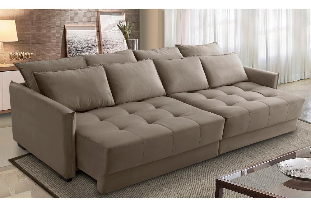 Sofá Cama Retrátil e Reclinável 2,50m com Molas Carol Veludo Cappuccino Adonai Estofados
